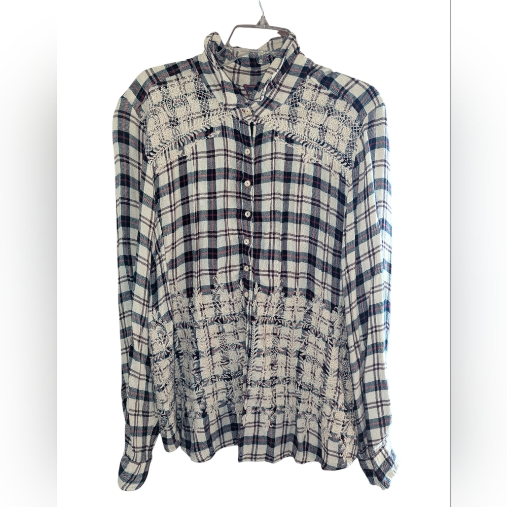 Johnny Was XL Embroidered Plaid Button-Up Blouse
